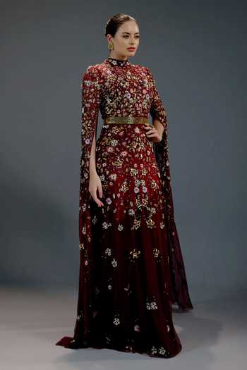 Bling Empire_Burgundy Mesh Sequins High Neck Floral Work Gown _Online_at_Aza_Fashions