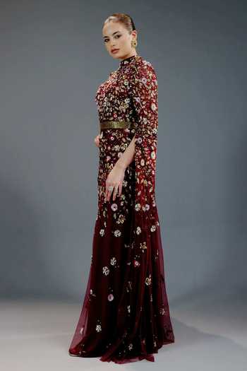 Buy_Bling Empire_Burgundy Mesh Sequins High Neck Floral Work Gown _Online_at_Aza_Fashions