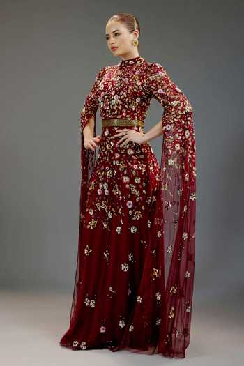 Shop_Bling Empire_Burgundy Mesh Sequins High Neck Floral Work Gown _Online_at_Aza_Fashions