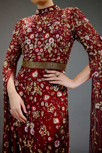 Bling Empire_Burgundy Mesh Sequins High Neck Floral Work Gown _at_Aza_Fashions
