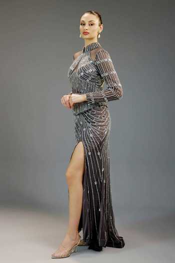 Bling Empire_Multi Color Mesh Sequins, Beads, Stones Architectural Evening Column Gown _Online_at_Aza_Fashions