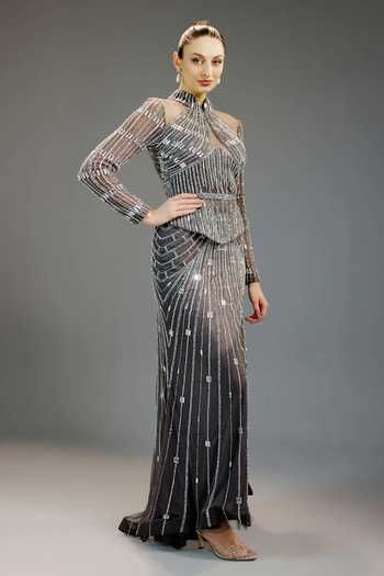Buy_Bling Empire_Multi Color Mesh Sequins, Beads, Stones Architectural Evening Column Gown _Online_at_Aza_Fashions