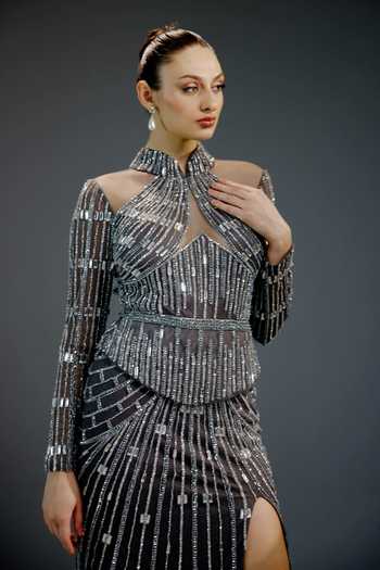 Bling Empire_Multi Color Mesh Sequins, Beads, Stones Architectural Evening Column Gown _at_Aza_Fashions