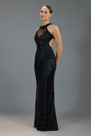 Bling Empire_Black Mesh Sequins Halter Neck Gown _Online_at_Aza_Fashions