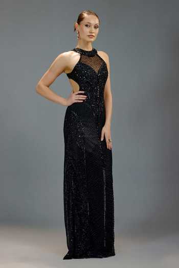 Buy_Bling Empire_Black Mesh Sequins Halter Neck Gown _Online_at_Aza_Fashions