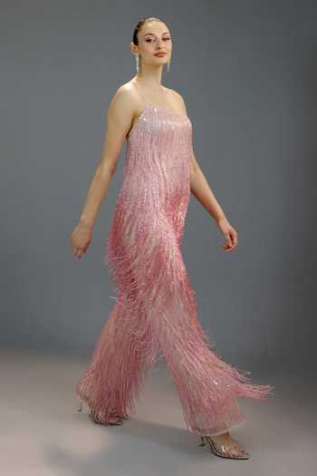 Bling Empire_Pink Lycra, Mesh Square Neck Blush Shimmer Fringe Jumpsuit _Online_at_Aza_Fashions