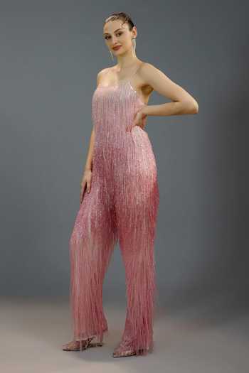 Shop_Bling Empire_Pink Lycra, Mesh Square Neck Blush Shimmer Fringe Jumpsuit _Online_at_Aza_Fashions