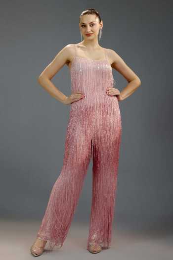 Bling Empire Blush Shimmer Fringe Jumpsuit 