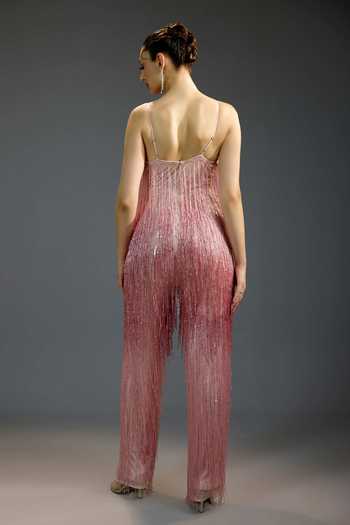 Bling Empire Blush Shimmer Fringe Jumpsuit 