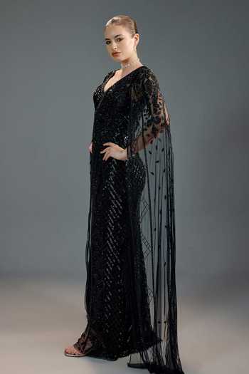 Bling Empire_Black Mesh Sequins V-neck V Cape Work Gown _Online_at_Aza_Fashions