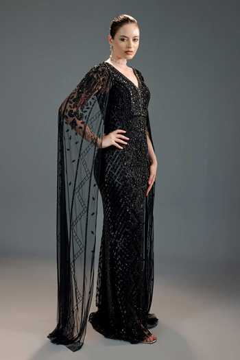 Buy_Bling Empire_Black Mesh Sequins V-neck V Cape Work Gown _Online_at_Aza_Fashions