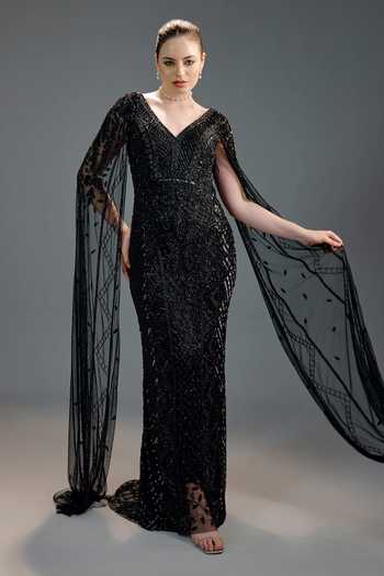 Bling Empire V Neck Cape Sequin Work Gown 