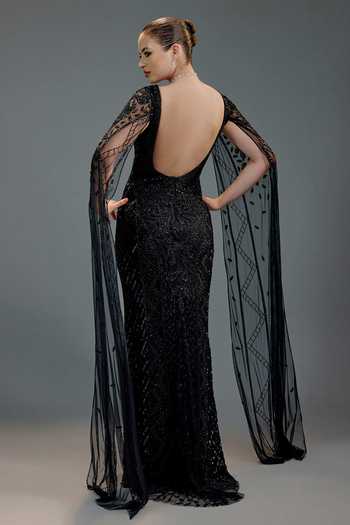 Bling Empire V Neck Cape Sequin Work Gown 