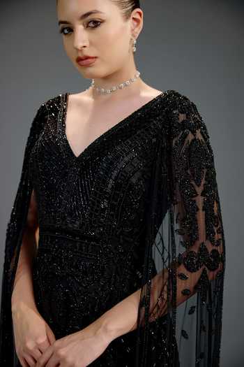 Shop_Bling Empire_Black Mesh Sequins V-neck V Cape Work Gown _Online_at_Aza_Fashions