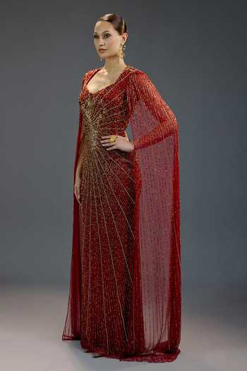 Bling Empire Burgundy Mesh Sequins, Beads Sweetheart Neck Floral Gown Online at Aza Fashions Bling Empire_Burgundy Mesh Sequins, Beads Sweetheart Neck Floral Gown _Online_at_Aza_Fashions