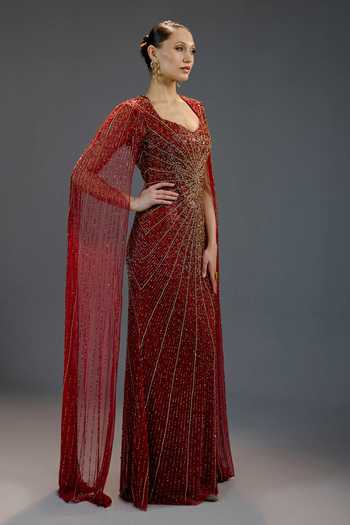 Buy Bling Empire Burgundy Mesh Sequins, Beads Sweetheart Neck Floral Gown Online at Aza Fashions Buy_Bling Empire_Burgundy Mesh Sequins, Beads Sweetheart Neck Floral Gown _Online_at_Aza_Fashions