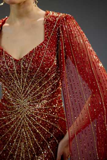 Shop Bling Empire Burgundy Mesh Sequins, Beads Sweetheart Neck Floral Gown Online at Aza Fashions Shop_Bling Empire_Burgundy Mesh Sequins, Beads Sweetheart Neck Floral Gown _Online_at_Aza_Fashions