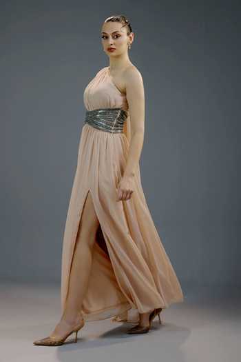 Bling Empire_Peach Mesh Sequins, Beads One Shoulder Regal Goddess Gown _Online_at_Aza_Fashions