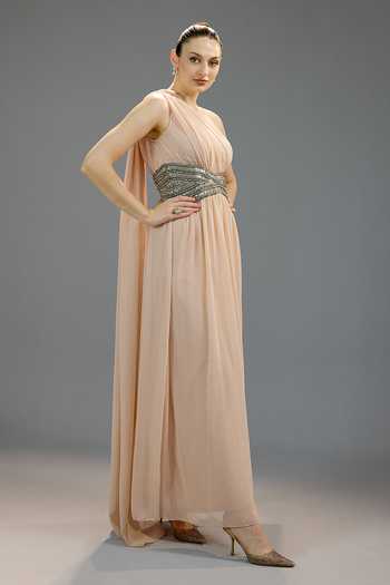 Buy_Bling Empire_Peach Mesh Sequins, Beads One Shoulder Regal Goddess Gown _Online_at_Aza_Fashions