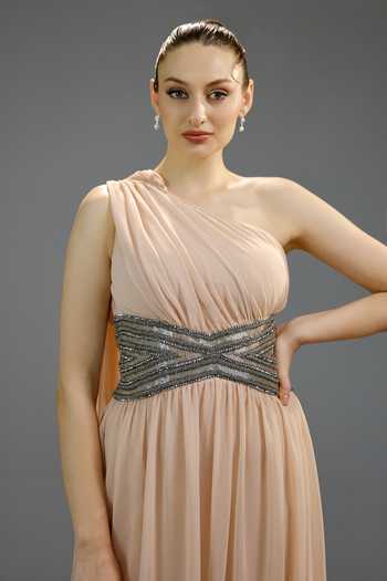 Shop_Bling Empire_Peach Mesh Sequins, Beads One Shoulder Regal Goddess Gown _Online_at_Aza_Fashions