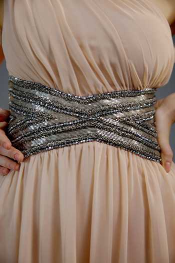 Bling Empire_Peach Mesh Sequins, Beads One Shoulder Regal Goddess Gown _at_Aza_Fashions