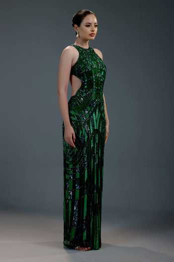 Bling Empire_Emerald Green Mesh Sequins High Neck Vibrant Muse Gown _Online_at_Aza_Fashions