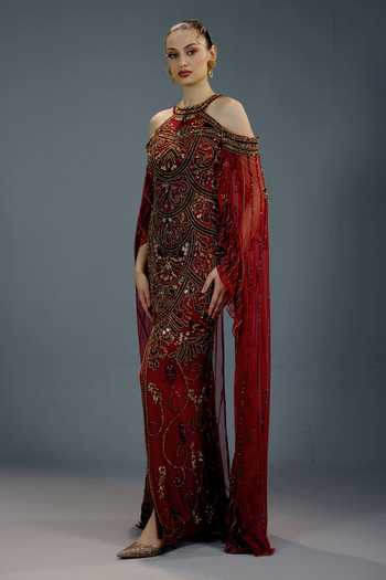 Bling Empire Maroon Mesh Sequins, Beads, Pearls, Stones Halter Majestic Scarlet Cape Gown Online at Aza Fashions Bling Empire_Maroon Mesh Sequins, Beads, Pearls, Stones Halter Majestic Scarlet Cape Gown _Online_at_Aza_Fashions