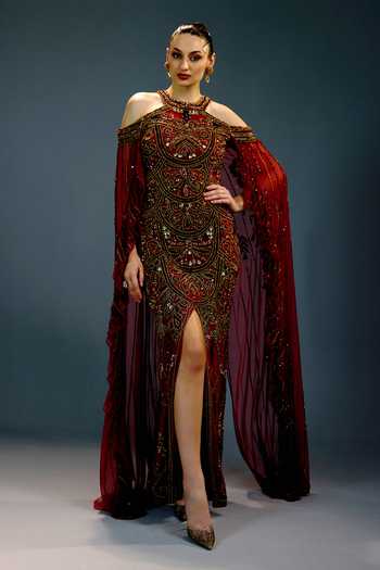 Buy Bling Empire Maroon Mesh Sequins, Beads, Pearls, Stones Halter Majestic Scarlet Cape Gown Online at Aza Fashions Buy_Bling Empire_Maroon Mesh Sequins, Beads, Pearls, Stones Halter Majestic Scarlet Cape Gown _Online_at_Aza_Fashions