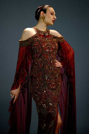 Shop Bling Empire Maroon Mesh Sequins, Beads, Pearls, Stones Halter Majestic Scarlet Cape Gown Online at Aza Fashions Shop_Bling Empire_Maroon Mesh Sequins, Beads, Pearls, Stones Halter Majestic Scarlet Cape Gown _Online_at_Aza_Fashions