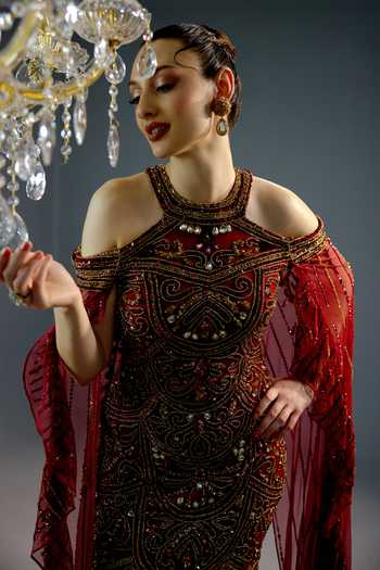 Bling Empire Maroon Mesh Sequins, Beads, Pearls, Stones Halter Majestic Scarlet Cape Gown at Aza Fashions Bling Empire_Maroon Mesh Sequins, Beads, Pearls, Stones Halter Majestic Scarlet Cape Gown _at_Aza_Fashions