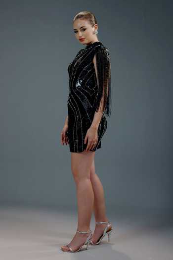 Bling Empire Black Mesh High , Keyhole Midnight Fringe Icon Mini Dress Online at Aza Fashions Bling Empire_Black Mesh High , Keyhole Midnight Fringe Icon Mini Dress _Online_at_Aza_Fashions