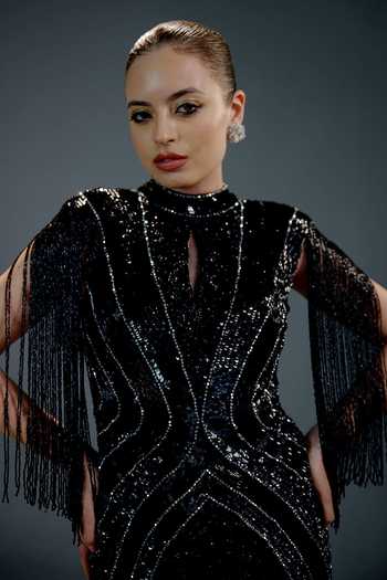Shop Bling Empire Black Mesh High , Keyhole Midnight Fringe Icon Mini Dress Online at Aza Fashions Shop_Bling Empire_Black Mesh High , Keyhole Midnight Fringe Icon Mini Dress _Online_at_Aza_Fashions