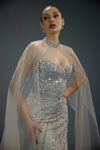 Bling Empire_Grey Mesh Sequins, Stones, Crystals Sweetheart Neck Grand Silver Symphony Gown _Online_at_Aza_Fashions