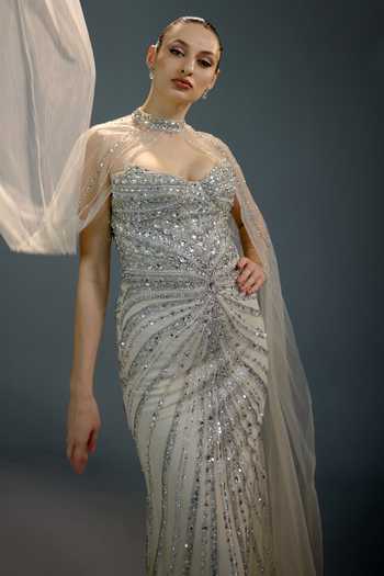 Buy_Bling Empire_Grey Mesh Sequins, Stones, Crystals Sweetheart Neck Grand Silver Symphony Gown _Online_at_Aza_Fashions