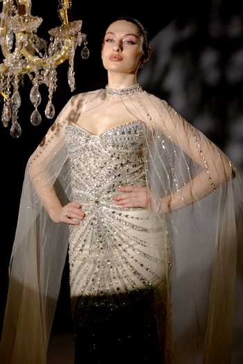Shop_Bling Empire_Grey Mesh Sequins, Stones, Crystals Sweetheart Neck Grand Silver Symphony Gown _Online_at_Aza_Fashions