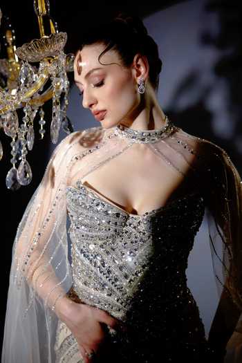 Bling Empire_Grey Mesh Sequins, Stones, Crystals Sweetheart Neck Grand Silver Symphony Gown _at_Aza_Fashions