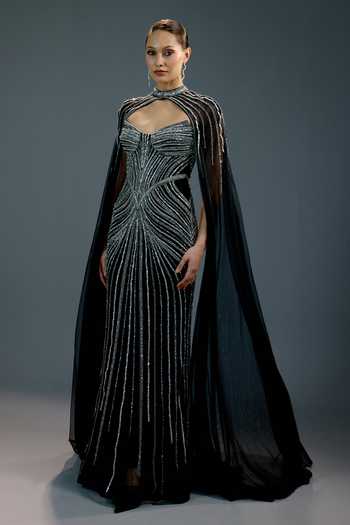 Bling Empire Black Mesh Beads, Crystals Sweetheart Neck Aura Of Eternal Elegance Gown Online at Aza Fashions Bling Empire_Black Mesh Beads, Crystals Sweetheart Neck Aura Of Eternal Elegance Gown _Online_at_Aza_Fashions