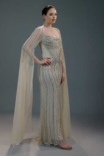 Bling Empire Grey Mesh Sequins, Beads, Stones, Crystals Golden Gossamer Radiance Gown Online at Aza Fashions Bling Empire_Grey Mesh Sequins, Beads, Stones, Crystals Golden Gossamer Radiance Gown _Online_at_Aza_Fashions
