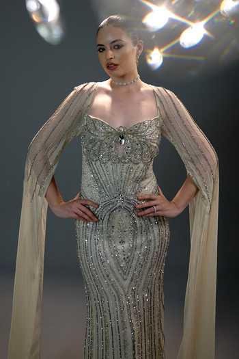Buy Bling Empire Grey Mesh Sequins, Beads, Stones, Crystals Golden Gossamer Radiance Gown Buy_Bling Empire_Grey Mesh Sequins, Beads, Stones, Crystals Golden Gossamer Radiance Gown