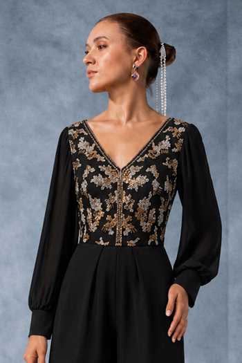 Shop Kalighata Pret Black Crepe, Satin V-neck Anna V Jumpsuit at Aza Fashions Shop_Kalighata Pret_Black Crepe, Satin V-neck Anna V Jumpsuit _at_Aza_Fashions