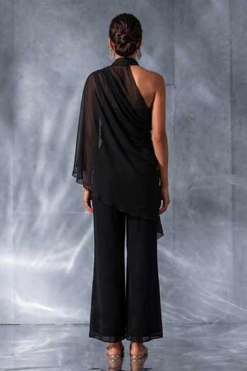 Shop Kalighata Pret Black Organza One Shoulder, Asymmetric Neck Draped Overlay Jacket Set at Aza Fashions Shop_Kalighata Pret_Black Organza One Shoulder, Asymmetric Neck Draped Overlay Jacket Set _at_Aza_Fashions