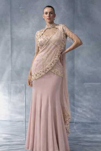 Kalighata Pret Net Embroidered Pre-Draped Saree Set With Cape 