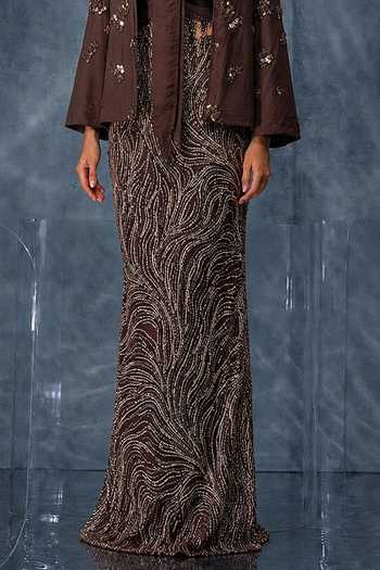 Kalighata Pret_Brown Net Bandeau , Open Sequin Work Jacket Skirt Set _Online_at_Aza_Fashions