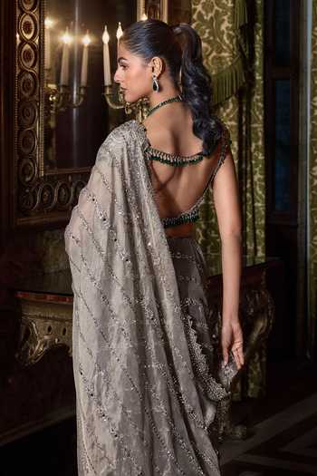 Seema Gujral Champagne Emerald Crystal Saree With Blouse 
