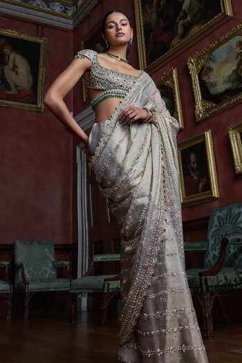 Seema Gujral Silver Organza, Tissue, Silk Scoop Champagne Emerald Crystal Saree With Blouse Online at Aza Fashions Seema Gujral_Silver Organza, Tissue, Silk Scoop Champagne Emerald Crystal Saree With Blouse _Online_at_Aza_Fashions