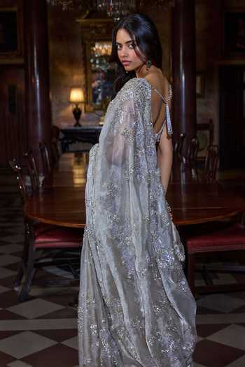 Seema Gujral Champagne Zardozi Saree With Blouse 