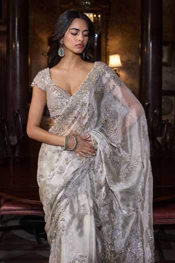 Buy Seema Gujral Silver Organza, Tissue, Silk V-neck Champagne Zardozi Saree With Blouse Online at Aza Fashions Buy_Seema Gujral_Silver Organza, Tissue, Silk V-neck Champagne Zardozi Saree With Blouse _Online_at_Aza_Fashions
