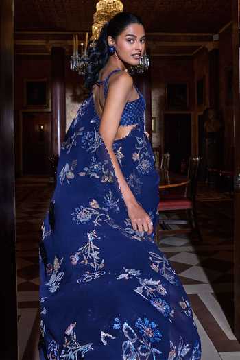 Seema Gujral Navy Blue Floral Crystal Saree With Blouse 