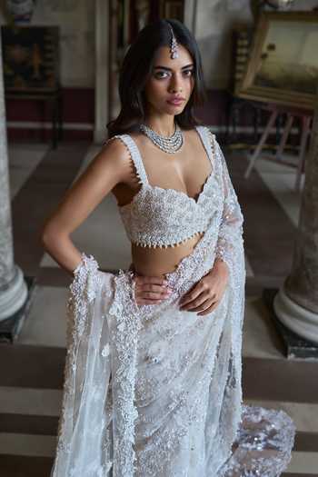 Seema Gujral_Ivory Net Sweetheart Neck 3d Embroidered Saree With Blouse _Online_at_Aza_Fashions