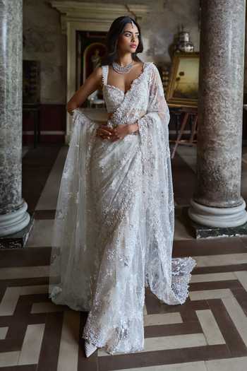 Buy_Seema Gujral_Ivory Net Sweetheart Neck 3d Embroidered Saree With Blouse _Online_at_Aza_Fashions